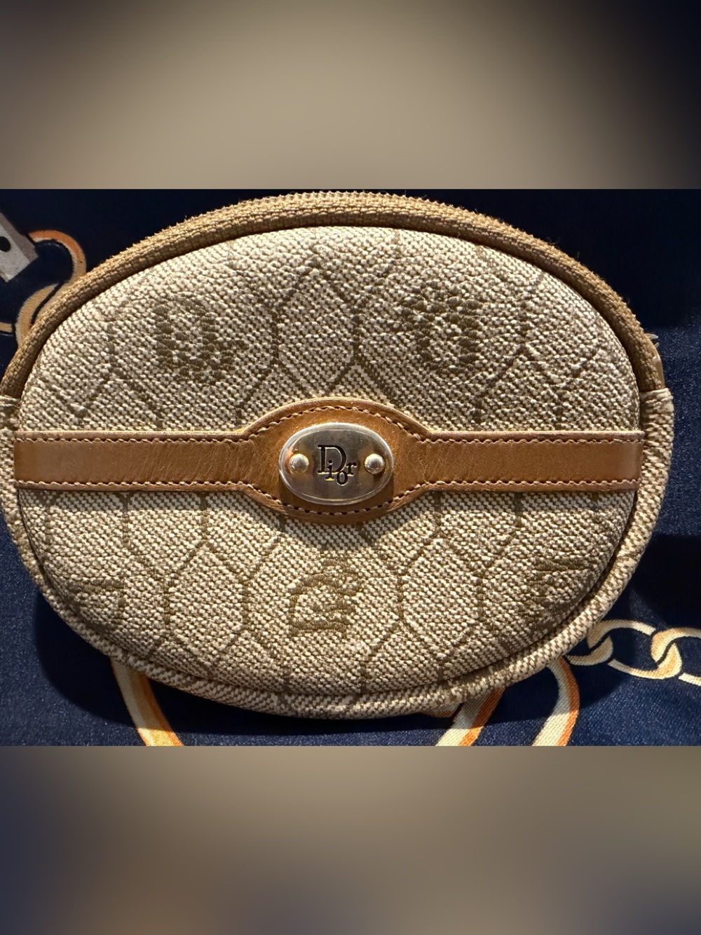 Dior Honeycomb Canvas Coin Purse with Tan Leather Trim